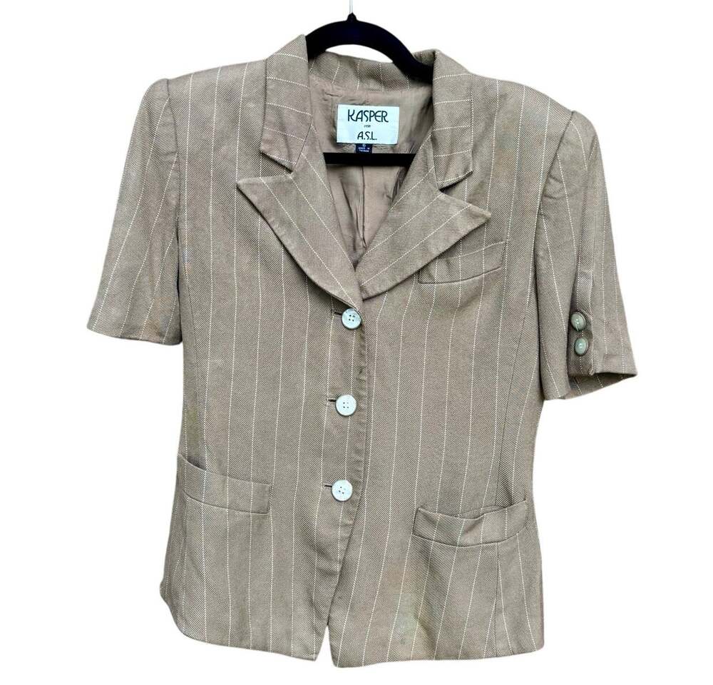 Vintage 1980s Kasper ASL Pinstripe Blazer Jacket Short Sleeve Brown Academia